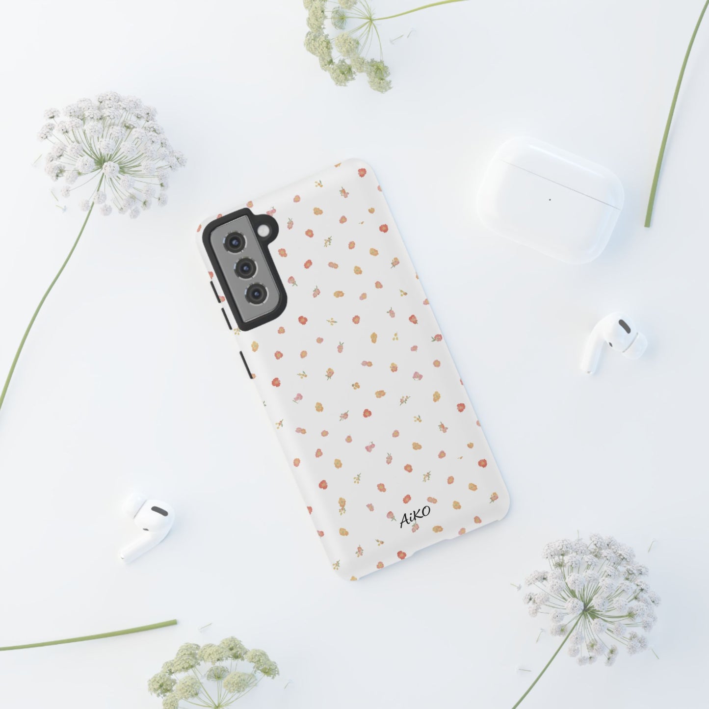 Floral Confetti Tough Phone Case — Minimal White with Tiny Rose Petals