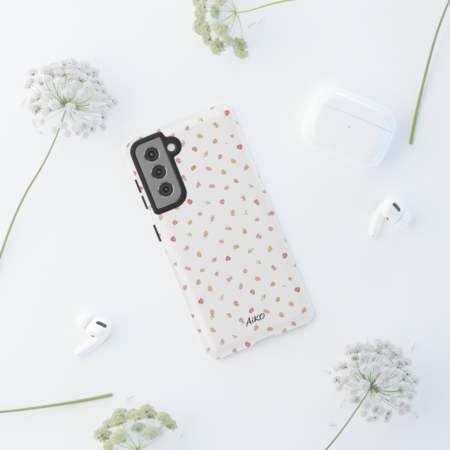 Floral Confetti Tough Phone Case — Minimal White with Tiny Rose Petals