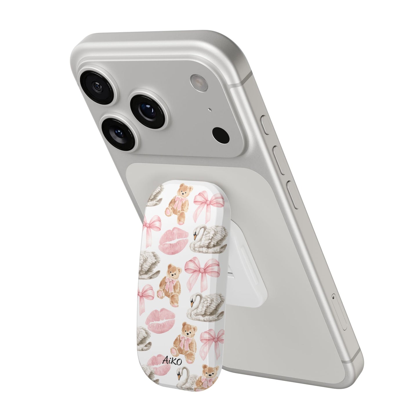 Phone Stand — Cute Teddy, Swans & Pink Bows Pattern